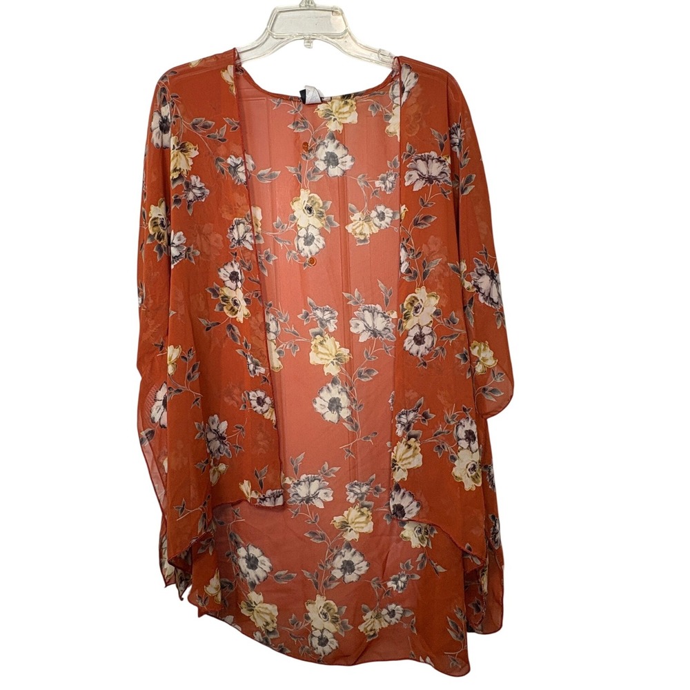 I JOAH Orange Floral Sheer Boho Beach Kimono Cover Up Duster Open Front Festival